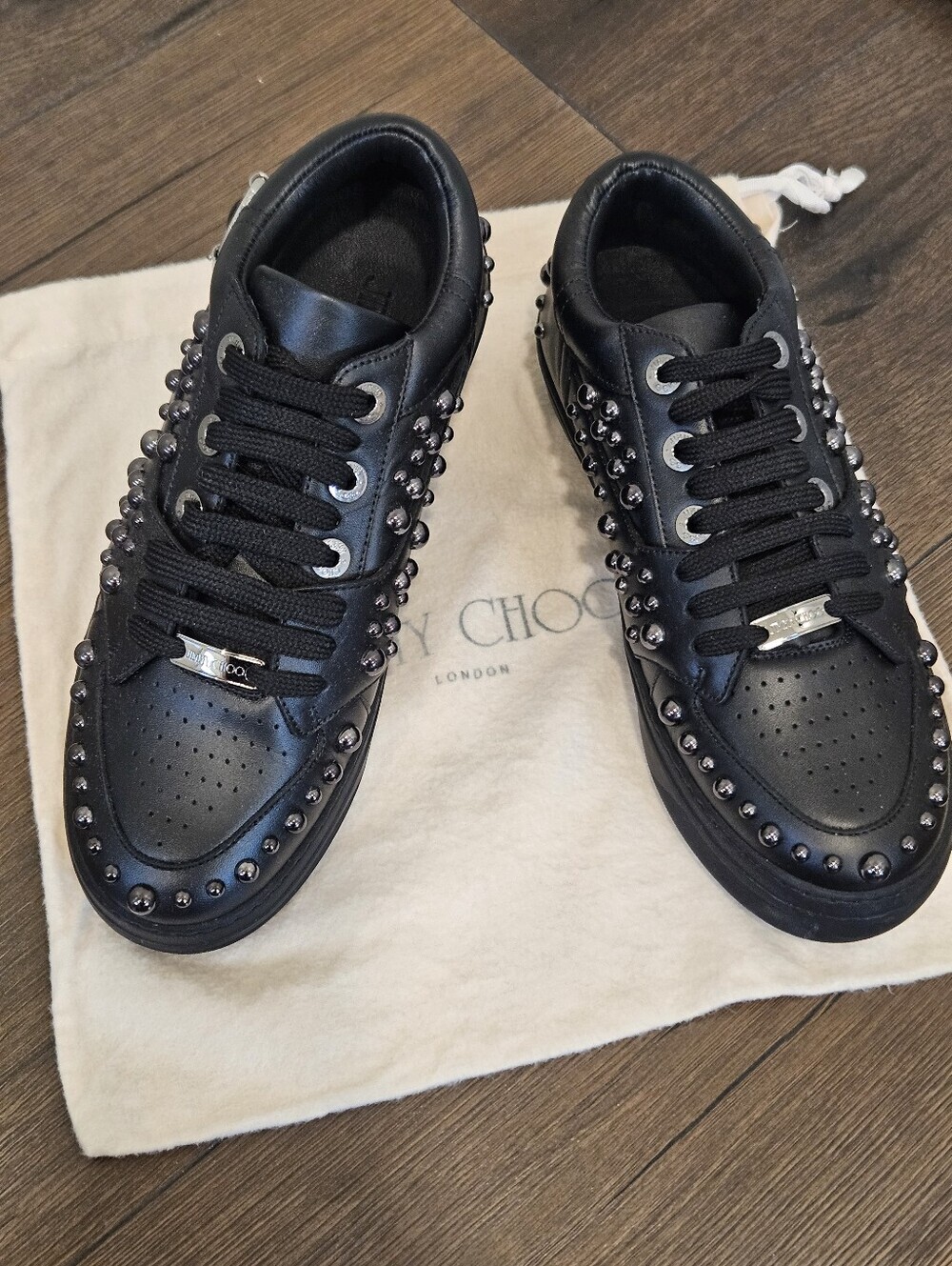 Jimmy Choo Miami Studded Black Leather Sneakers Size 39.5 Made in Italy + Dusty